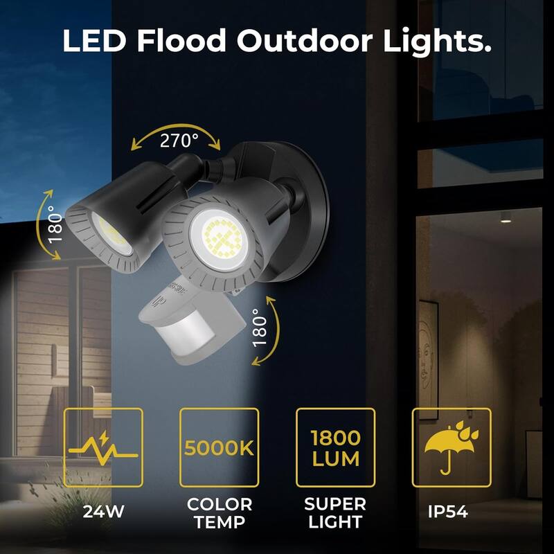 24W LED Flood Motion Sensor Outdoor Lights, 1800LM 5000K IP54 Waterproof, 5 Lighting Modes, 4 Lighting Durations