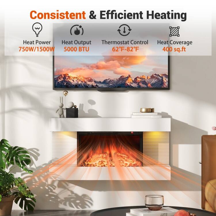 White Wall Mounted Floating Electric Fireplace with and 3-Sided Tempered Glass and Remote Control