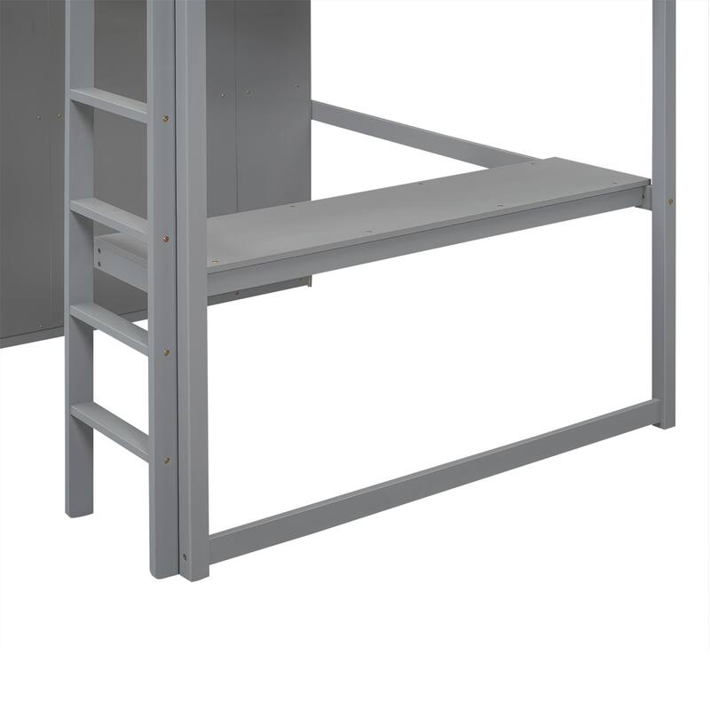 Wood Full Size Loft Bed with Built-in Wardrobe, Desk, Storage Shelves and Drawers, White