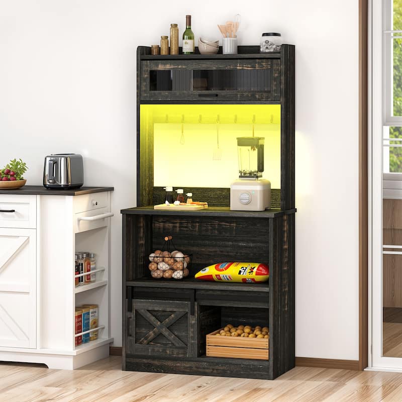 Moasis Farmhouse Kitchen Baker's Rack with Storage Shelves and Sliding Door & Power Outlets - Oak