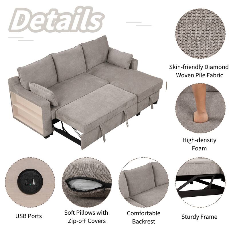 90" Convertible Sleeper Sofa with Storage Chaise, USB Ports, Storage Racks for Compact Spaces
