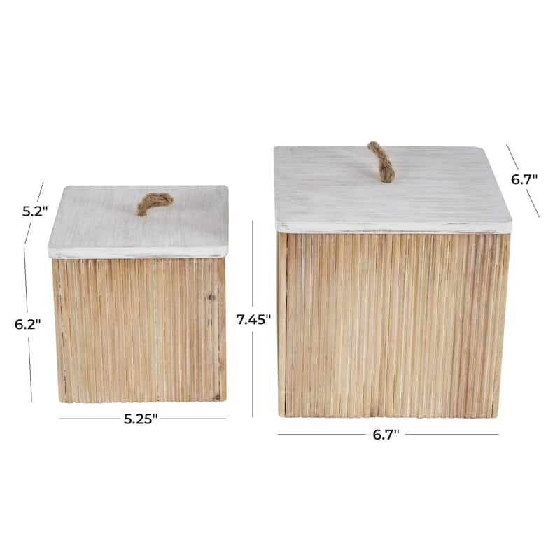 Wooden Washed Ribbed Storage Box with White Lids and Rope Handles - Set of 2 Brown - Roche River Decor