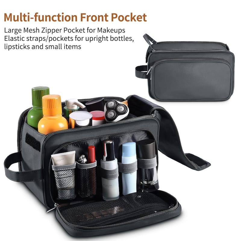 PU Leather Toiletry Bag for Men - Water-Resistant Travel Dopp Kit for Grooming, Shaving, Cosmetics & Accessories