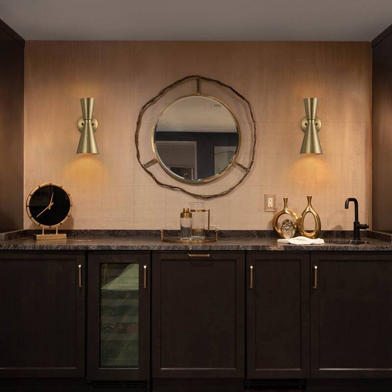 2-Light Mid-century Double Cone Hourglass Wall Light - Brass Nickel