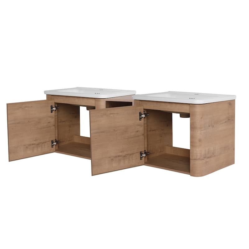 Wall-Mounted Bathroom Vanity with Ceramic Sink and Storage Shelves