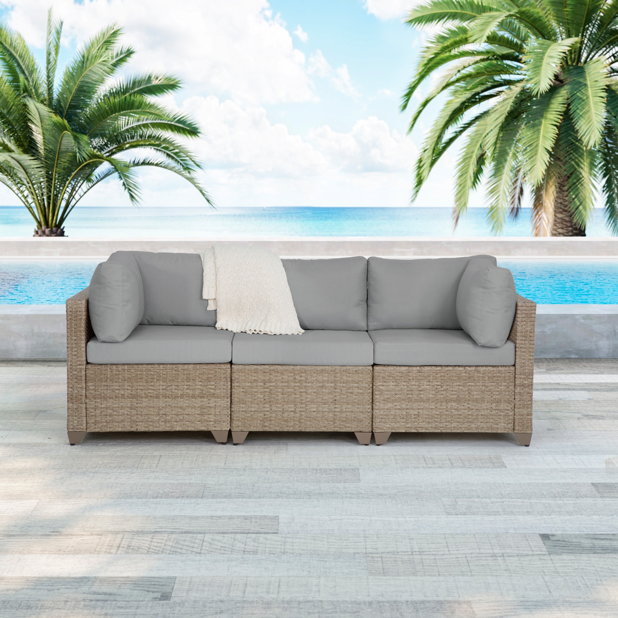 Maui 3 Piece Outdoor Sectional Sofa in Natural Aged Wicker On