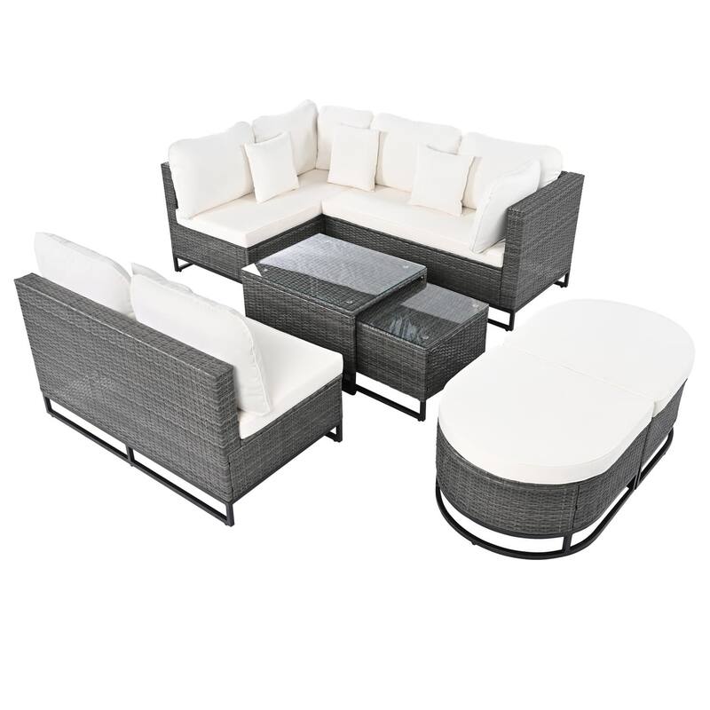 7-Piece Outdoor Wicker Sectional Sofa Set with Coffee Tables, Pillows