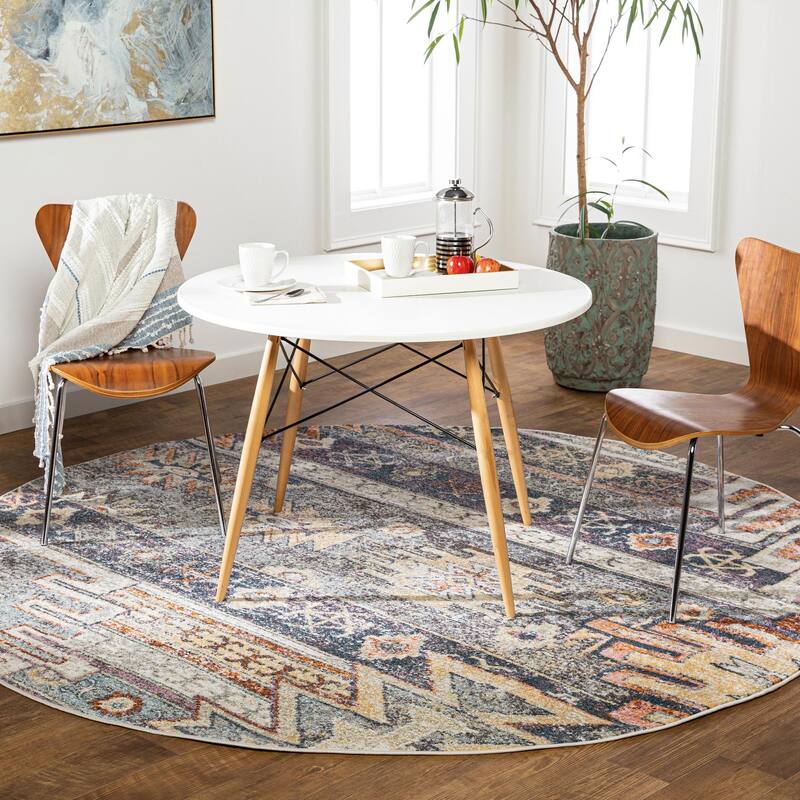 Livabliss New Mexico Southwestern Tribal Area Rug - Denim - 7'10" x 7'10" Round