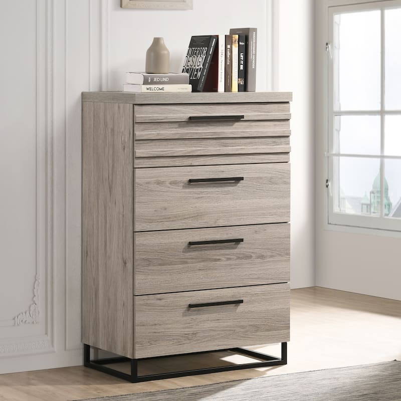 Roundhill Furniture Alvear Upholstered Wood Panel Bed, Dresser, Mirror, Nightstand, and Chest, Weathered Gray