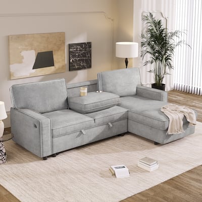 Modern L Shaped Sleeper Sofa with USB Port and Cup Holders and Storage Ottoman for Living Room or Guest Room