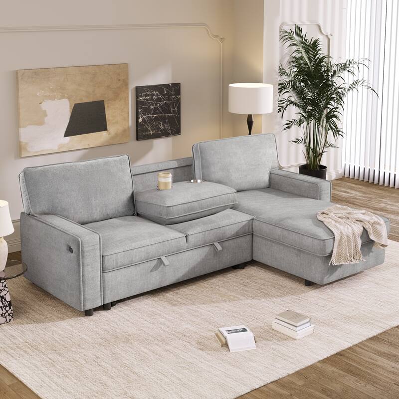 Upholstery Sleeper Sectional Sofa with Storage, USB Ports & Cup Holders, Convertible L-Shaped Couch with Chaise