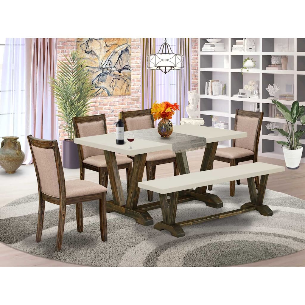 HomeStock 6-Piece Rectangle Distressed Jacobean Finish Solid Wood Top Dining Table with 1-Bench, 4-Chairs