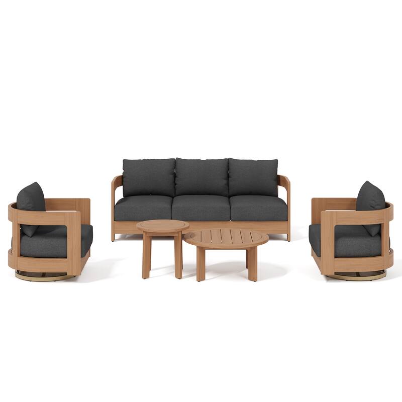 Outdoor 5-Piece Conversation Set Sofa and Swivel Chair with Coffee Table in Eucalyptus Wood