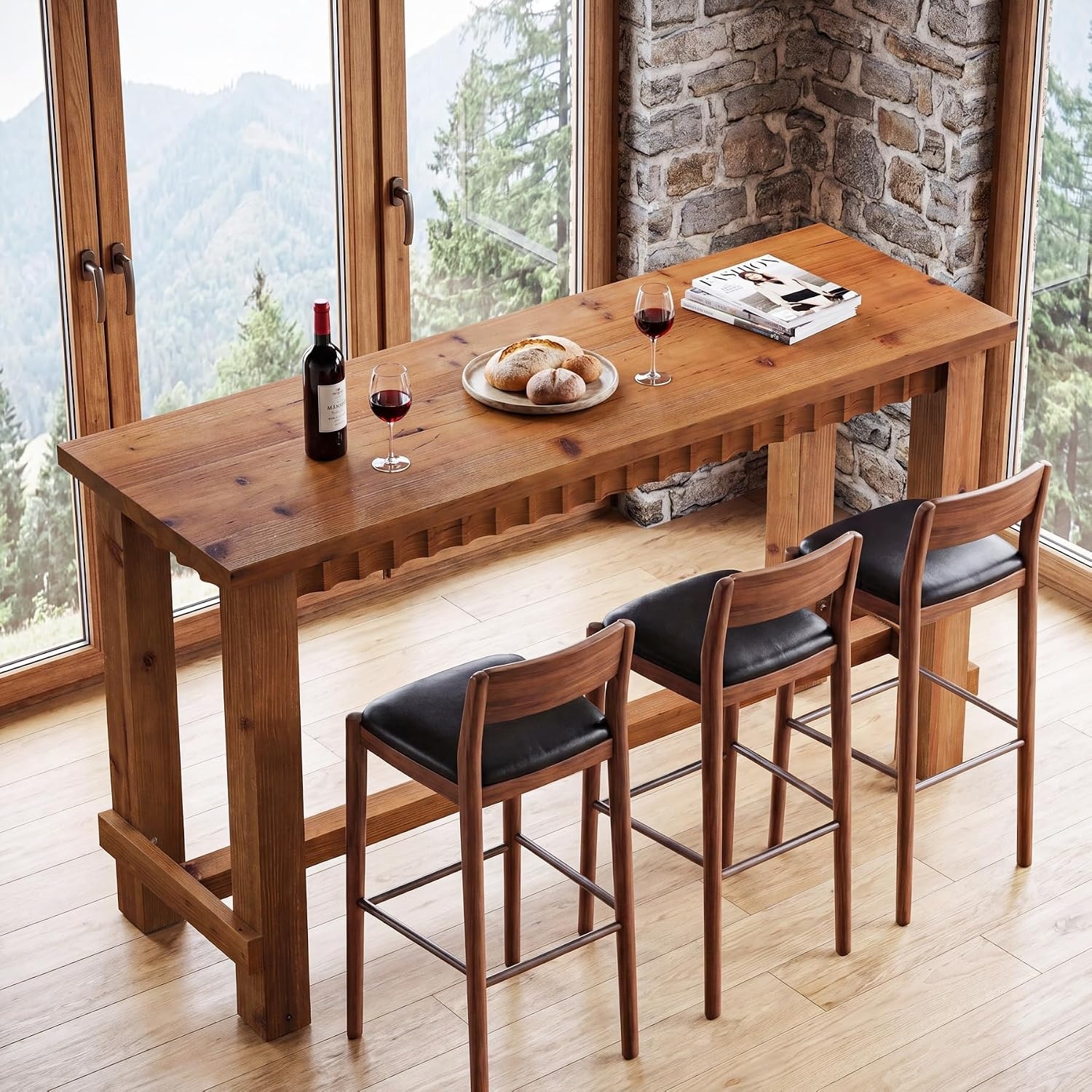 63" Solid Wood Counter Height Bar Table, Rectangular Tall High Top Pub Table with Footrest - 62.99" L × 19.69" W × 37.4" H