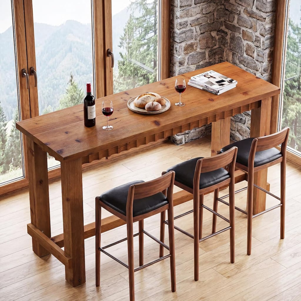 63-Inch Solid Wood Counter Height Bar Table, Walnut Brown