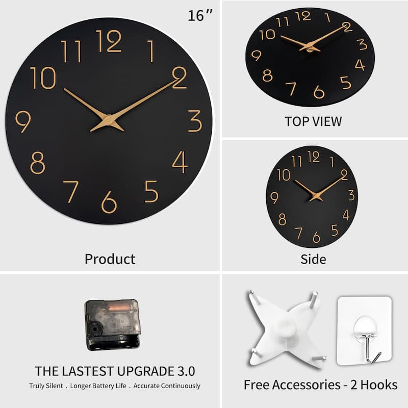 Large Wall Clock 16 Inch Black Wall Clocks Battery Operated Silent Non-Ticking - Simple Minimalist Rose Gold Numbers