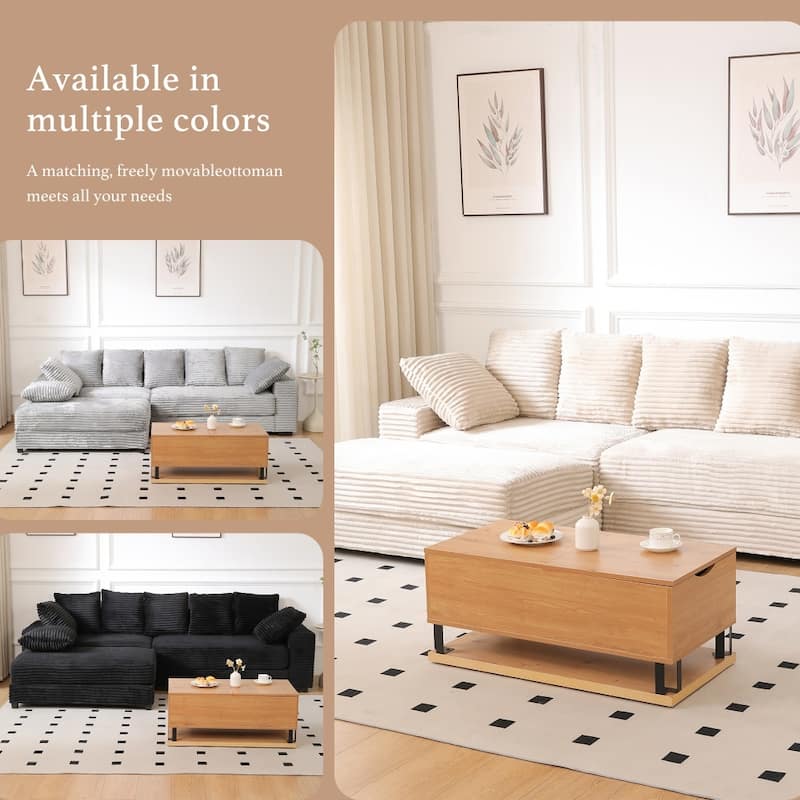 108.66" Thickened Corduroy Sectional Sofa with Storage Ottoman & Throw Pillows