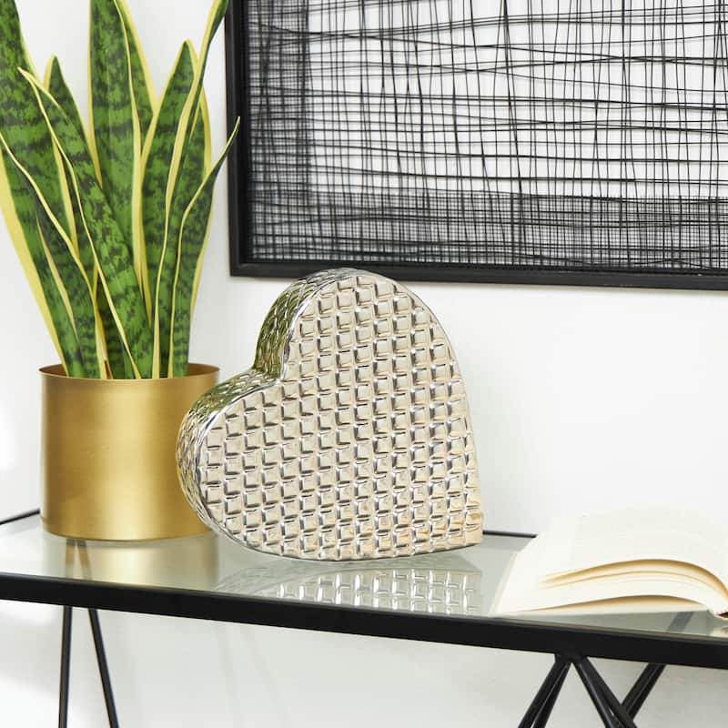 Gold or Silver Aluminum Metal Slanted Heart Sculpture with Dimensional Cube Textured Exterior