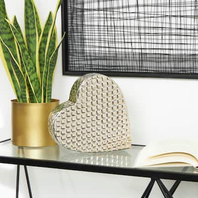 Gold or Silver Aluminum Metal Slanted Heart Sculpture with Dimensional Cube Textured Exterior