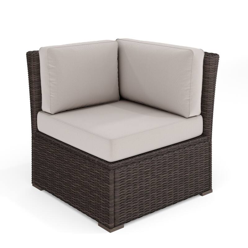 Martha Stewart Outdoor Modular Rattan Wicker Patio Sectional Sofa Corner Seat - 32"W x 32"D x 30"H - Tan Cushions/Brown Frame