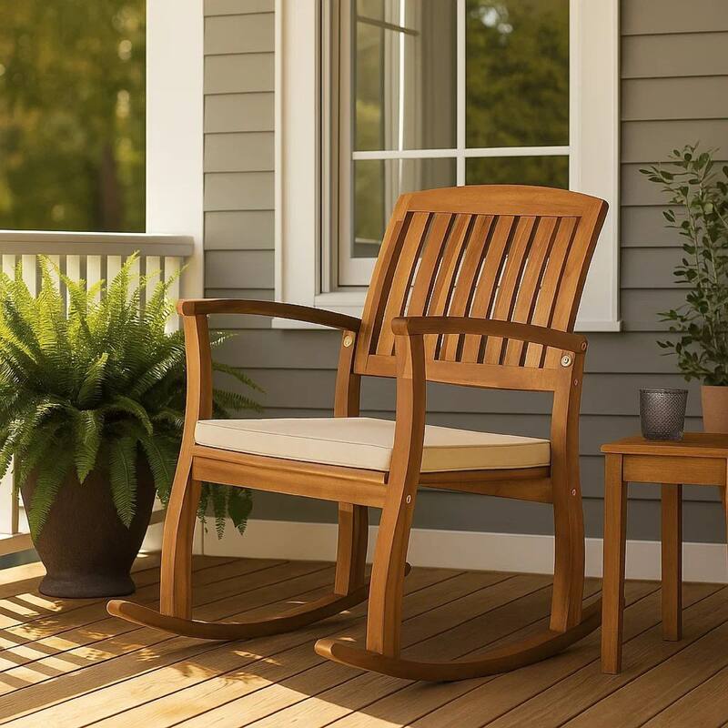Bang Outdoor Rocking Chair w Cushion, Slatted Back, Brown Acacia Wood
