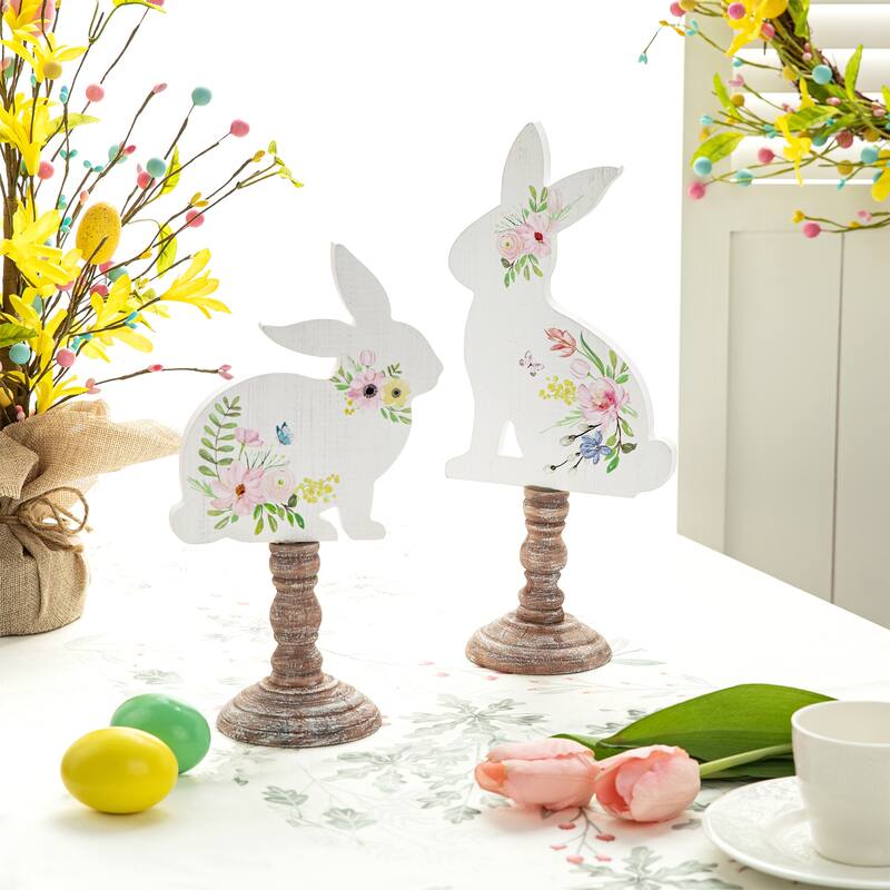 Glitzhome Set of 2 Easter Wooden Bunny Table Decor Spring Gift