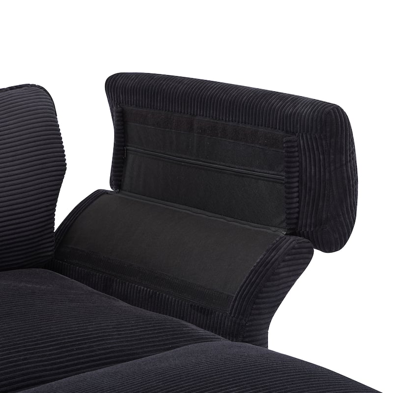 Corduroy Loveseat Sofa, Deep Seat Sectional Sofa wMovable Ottoman & 2 Pillows Upholstered Tufted Couch for Living Room