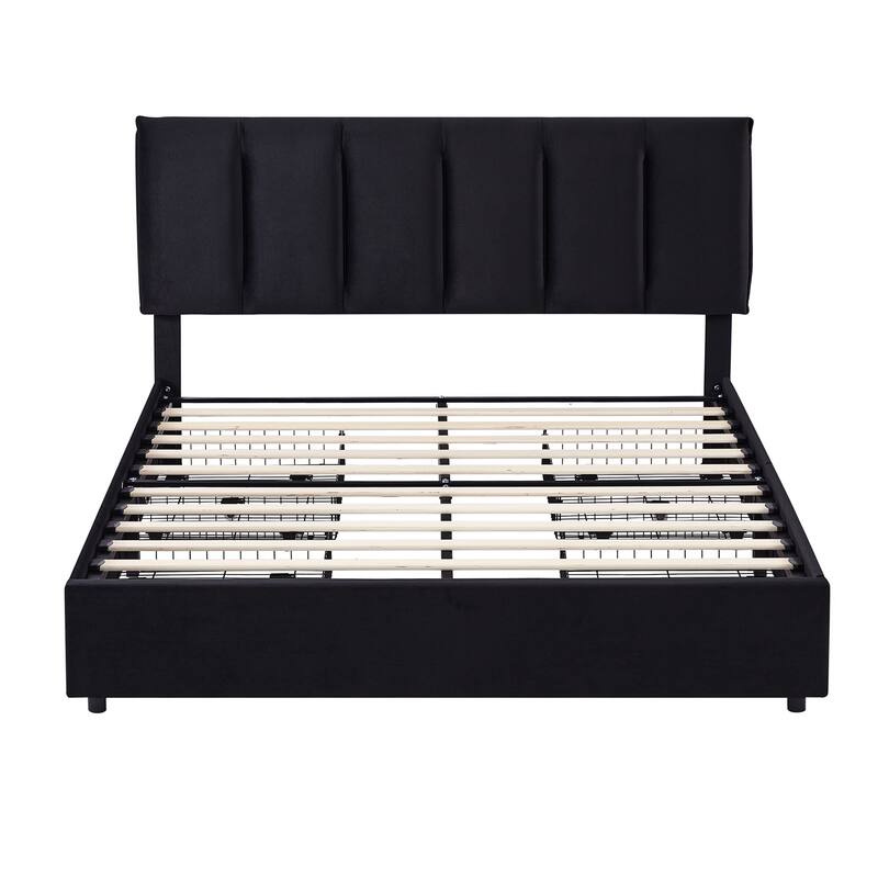 Black Bed Frame with 4 Storage Drawers, Upholstered Platform Bed Frame with Adjustable Headboard