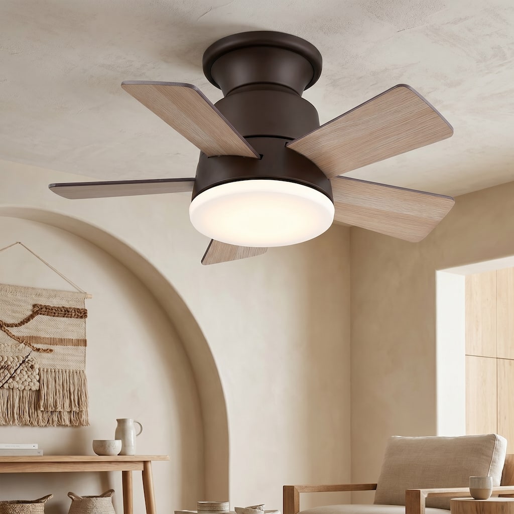 24" Oil-rubbed Bronze Wood Flush Mount Hugger Ceiling Fan with Dimmable Light and Remote