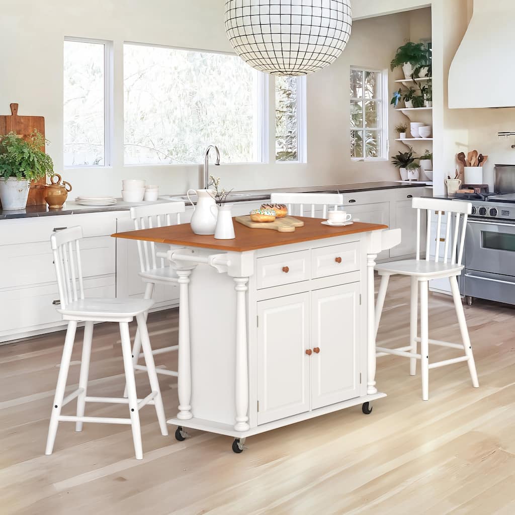 Solid Wood Top Drop Leaf Dining Cart, Rolling Mobile Kitchen Island Kitchen Cart With Storage Cabinet