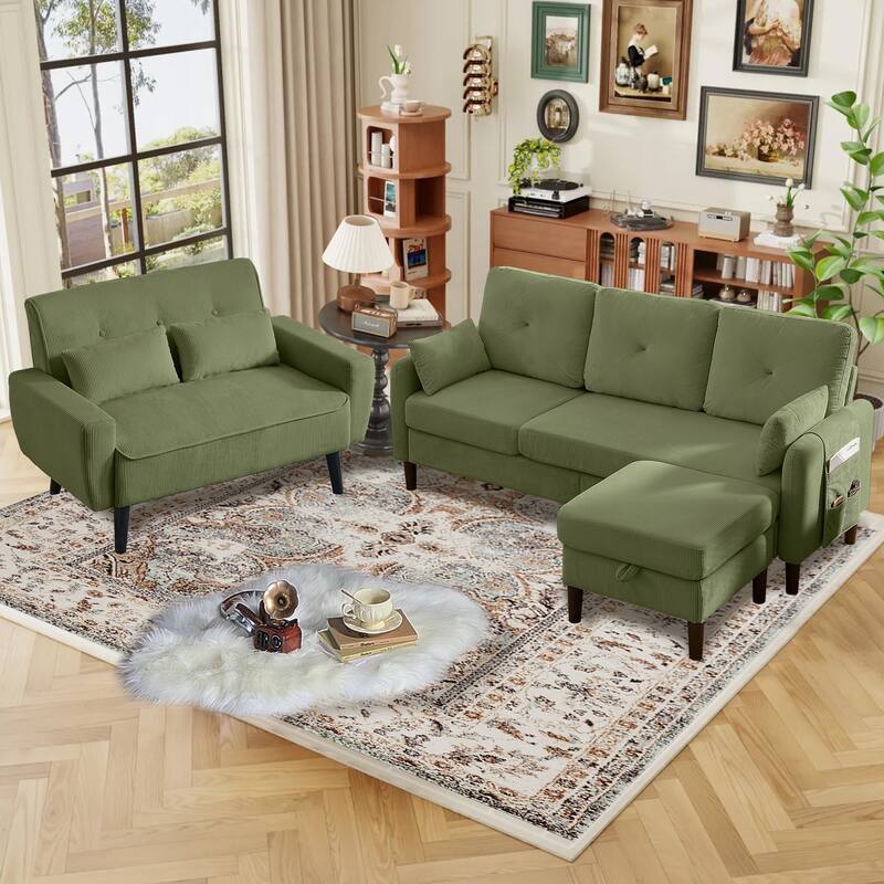 77.17" Corduroy 3 Pieces Living Room Sets with Sofa, Ottoman and Loveseat