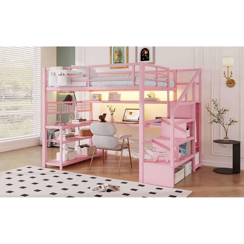 Roomfitters Full Metal Loft Bed, L-Shaped Desk and LED Staircase Wardrobe with Charging Station for Girls Bedroom