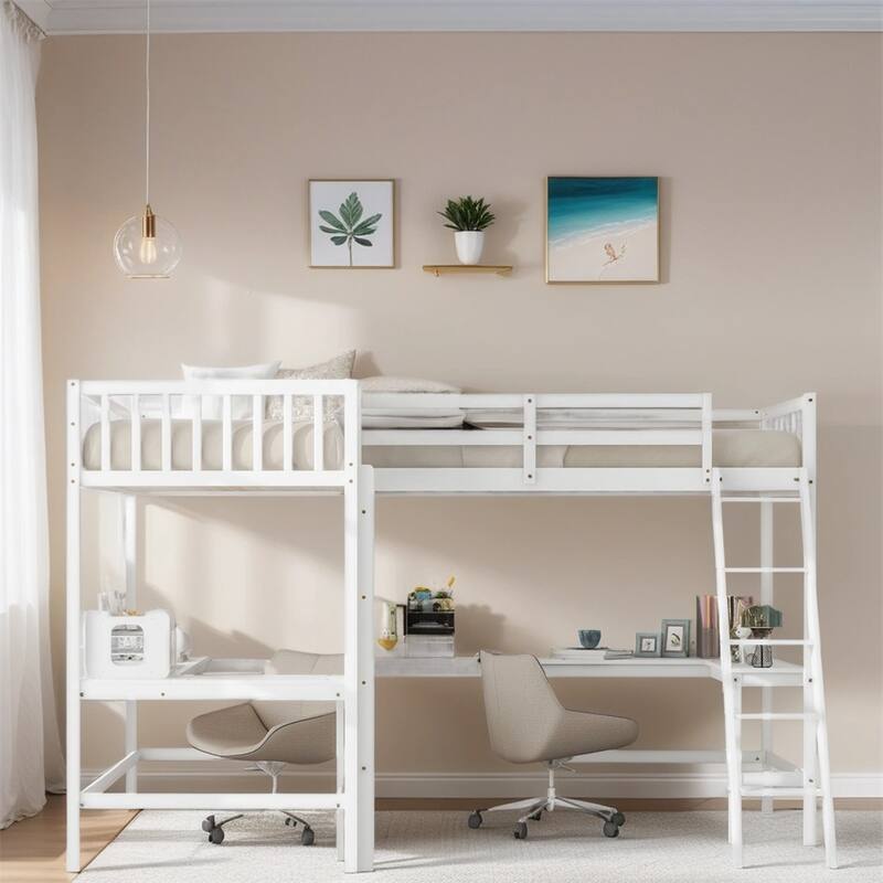 Twin Size Wood L-Shaped Loft Bed with Ladder and 2 Built-in Desks
