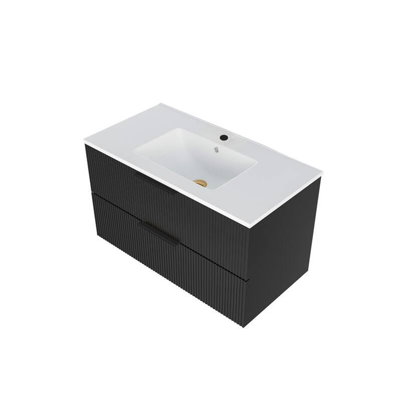 36" Floating Bathroom Vanity with Ceramic Sink - Wall Mounted Fluted Vanity Cabinet with Drawers, Modern Design