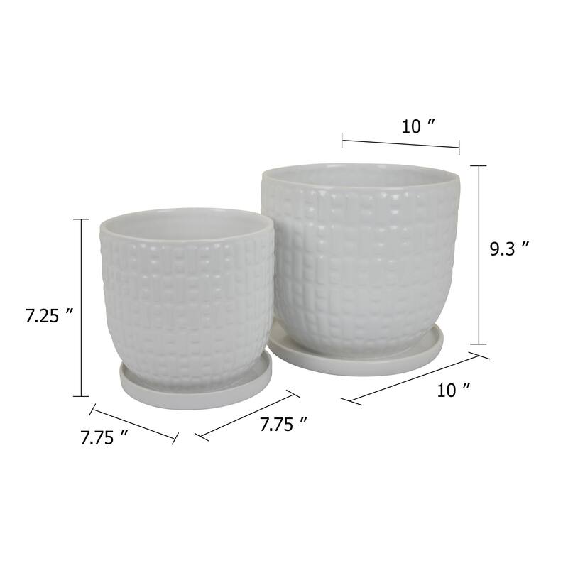 Set of 2 Ceramic Planters,Dotted Chequered Texture, White Glaze Finish