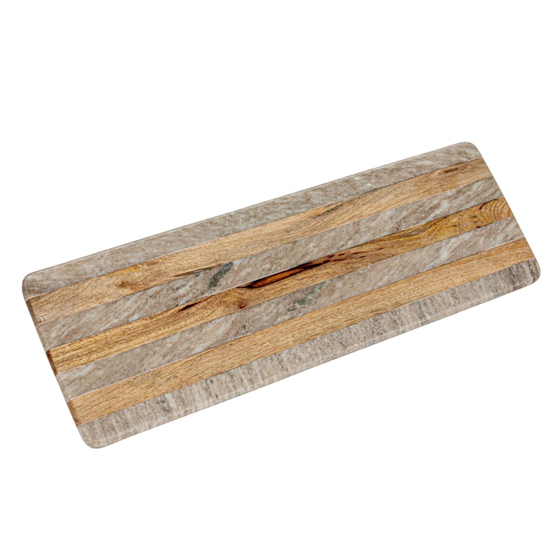 Marble and Mango Wood Cheese Board with Stripes - 21.0"L x 7.0"W x 0.5"H