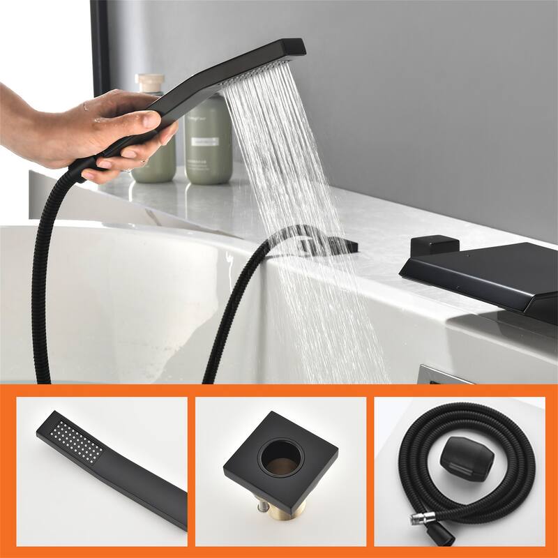 Waterfall Deck Mount Tub Faucet with Handheld Shower Brass 4 Holes Modern Bathtub Filler with Hand Sprayer