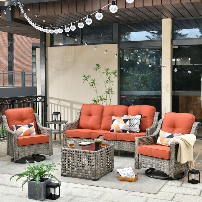HOOOWOOO 5-piece Rattan Wicker Outdoor Conversation Set with Swivel Chair and Coffee Table - Red