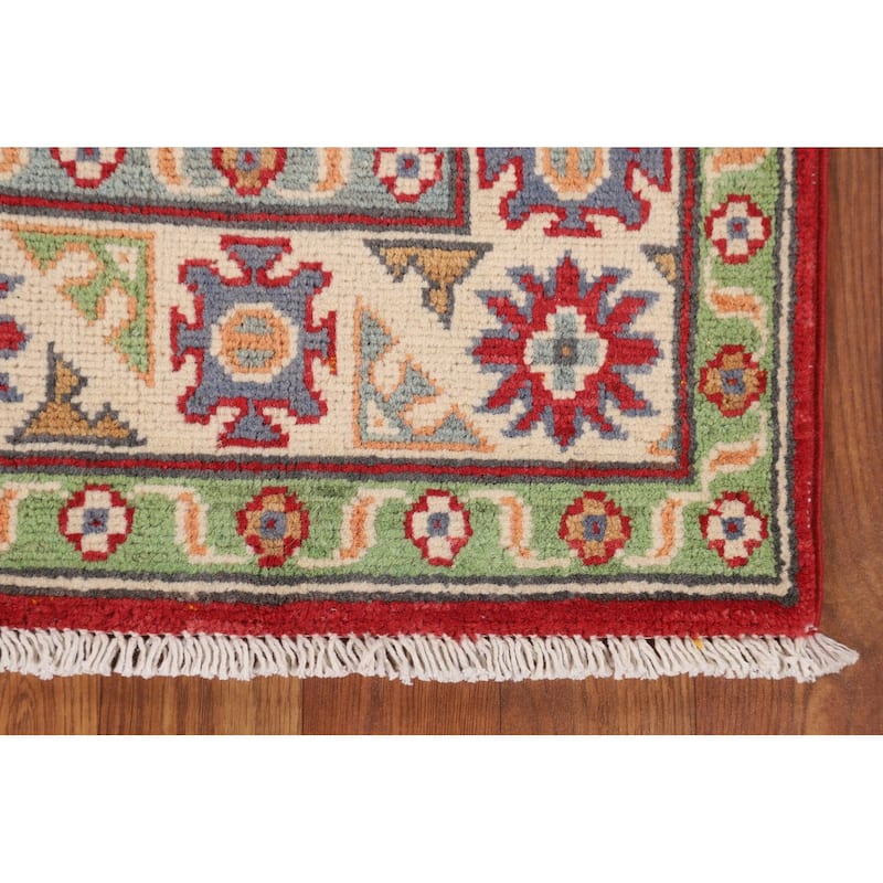 Geometric Kazak Foyer Rug Hand-Knotted Oriental Red Wool Carpet - 2'7" x 4'2"