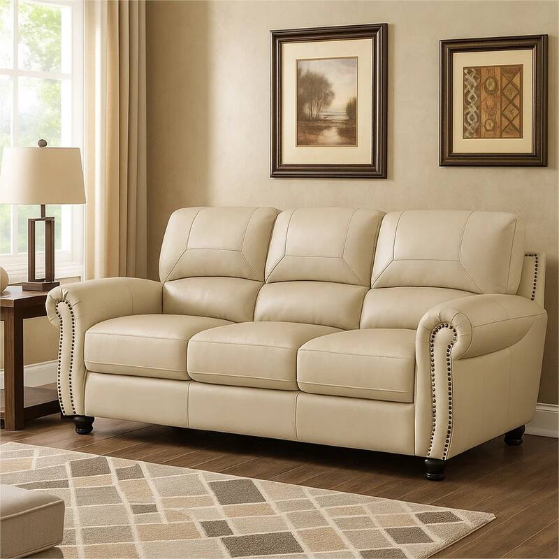 Kia 84 Inch Sofa, Cream Top Grain and Faux Leather, Brown Solid Wood