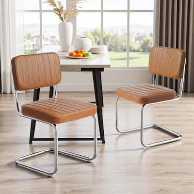 Faux Leather Mid-Century Modern Upholstered Armless Chairs with Metal Legs,Brown,Set of 2