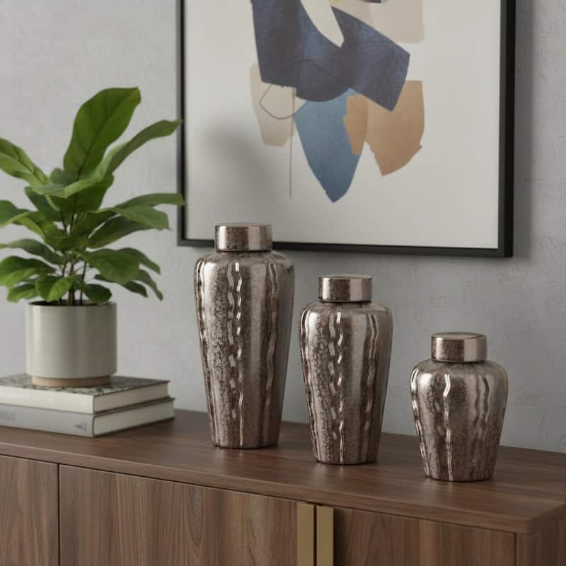 Set of Three Bronze And Silver Ceramic Urn Ginger Jars - 18.40 - Bronze/Silver - 18.40