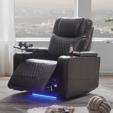 Power Recliner Chair Faux Leather Reclining Armchair Home Theater Seating with USB Charging Port, Cup Holders, Tray Table