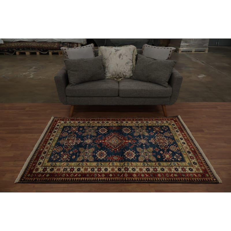 Hand Knotted Oriental 100% Wool Carpet Traditional Geometric Navy Blue & Blues Kazak Area Rug - 6' 0'' X 4' 0''