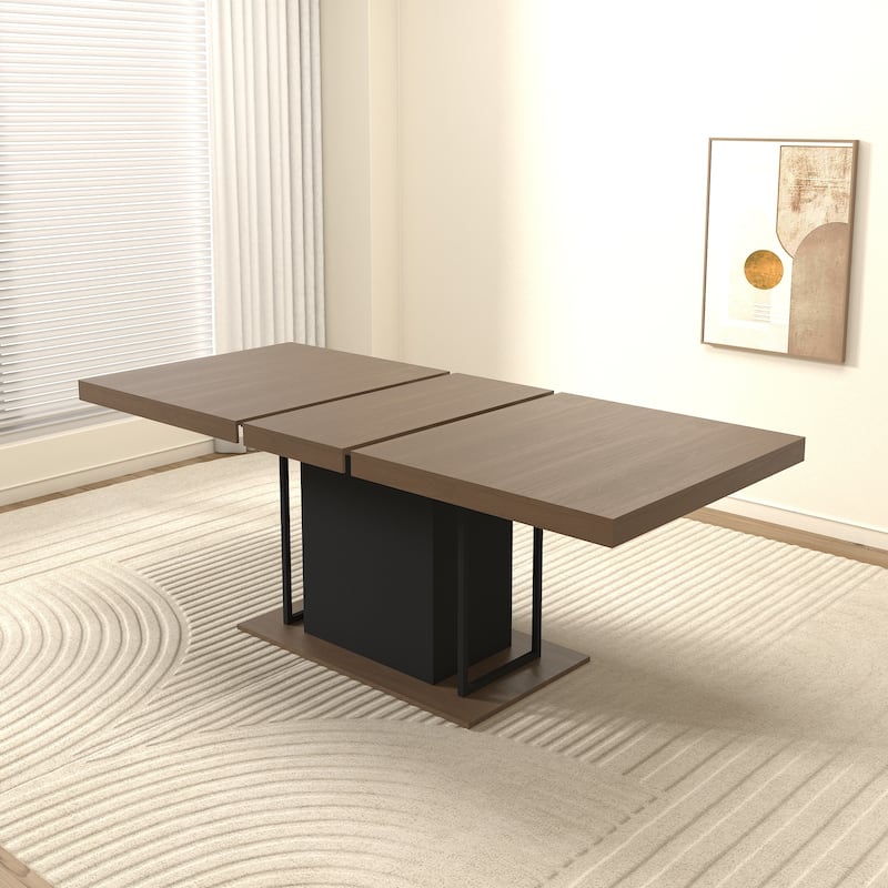 Wood Extendable Dining Table for 6-10 Person, Large Rectangle Expanding Dining Table with Black Double Pedestal Base - Black+Brown