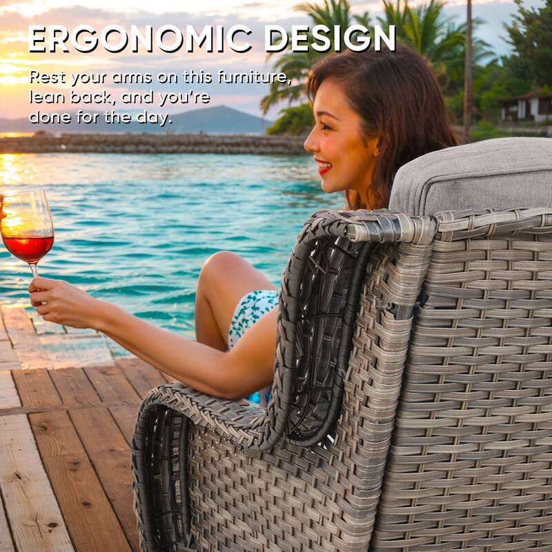 Patio Wicker Loveseat Sofa and Swivel Chair with Table - Grey cushion