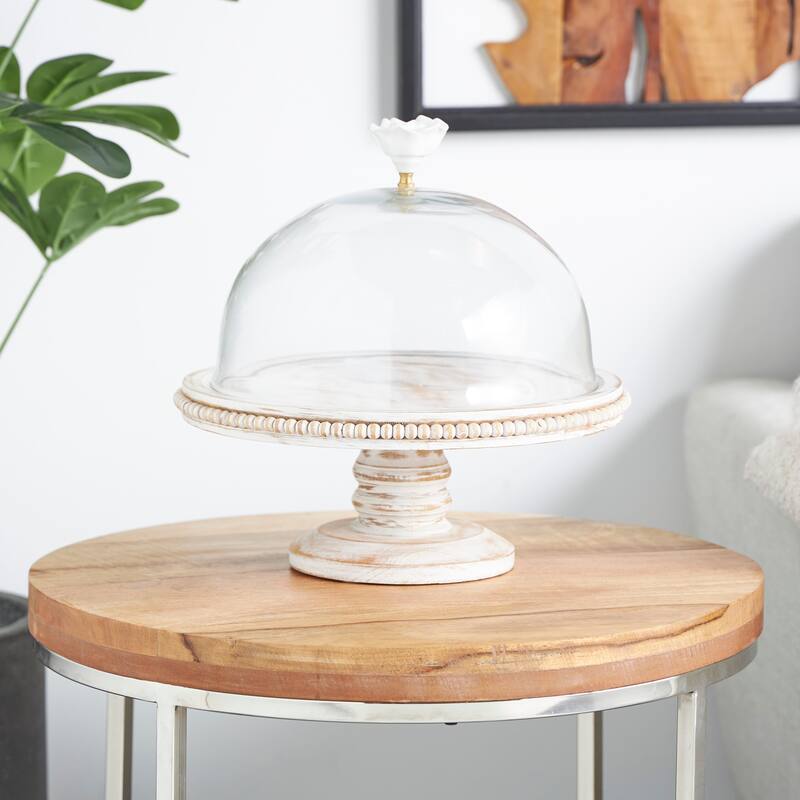 Mango Wood Cake Stand with Glass Dome - Cream - Roche River Decor - 12"W x 12"L x 12"H