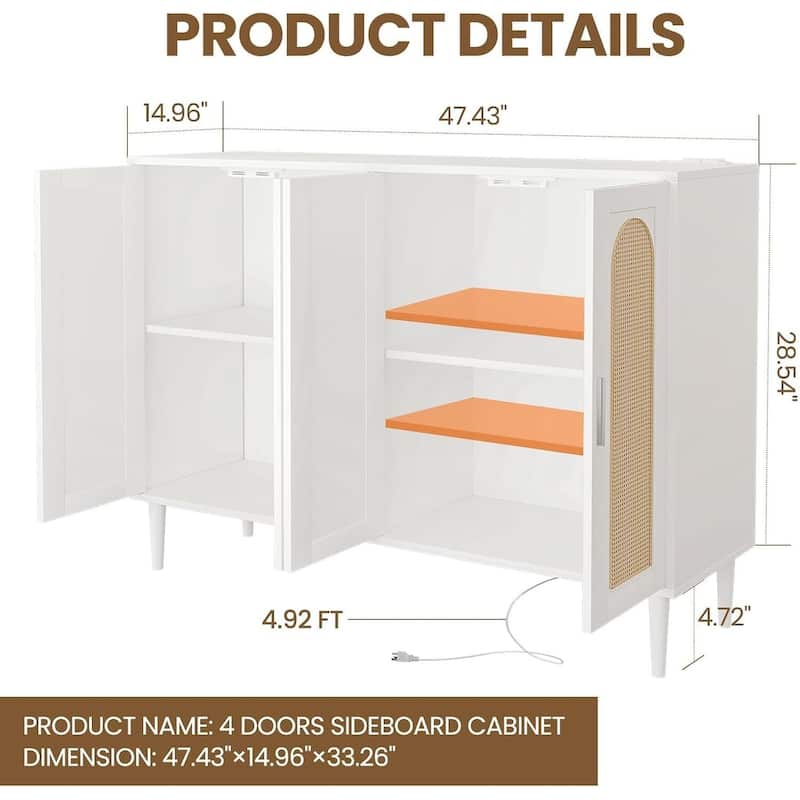 Rattan Sideboard Buffet Cabinet With Power Outlet, BOHO Wooden Side board With 4 Doors