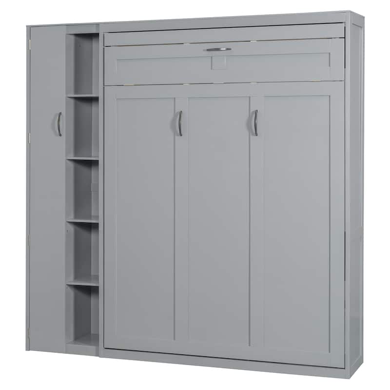 Space-Saving Full Size Wall Bed with Shelves, Wardrobe, and LED Lights in Gray