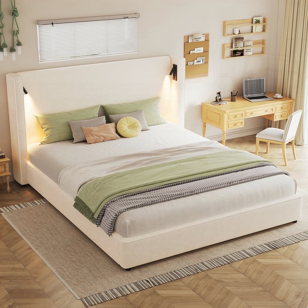 Upholstered Bed Frame with High Wingback Headboard,Reading Lamp and USB port